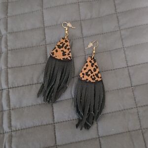 Leopard Print and Black Fringe Earrings